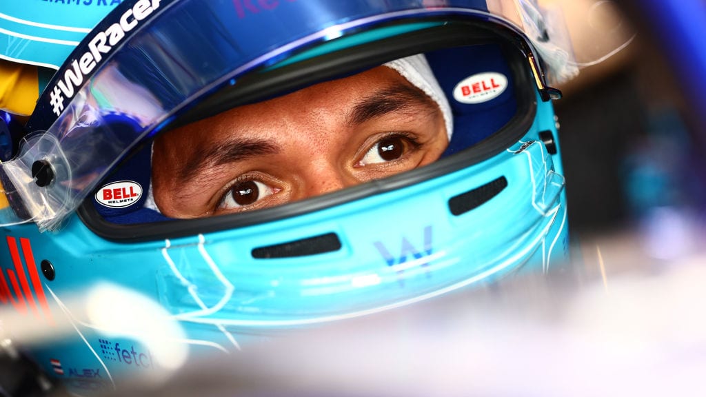 MIAMI, FLORIDA - MAY 07: Alexander Albon of Thailand and Williams prepares to drive in the garage